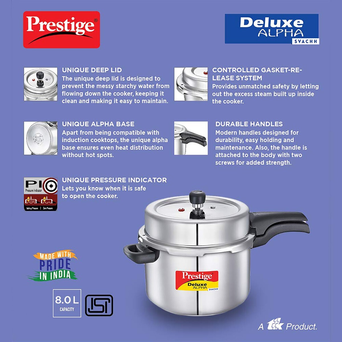 Prestige Stainless Steel Pressure Cooker Svachh Deluxe Alpha 8L