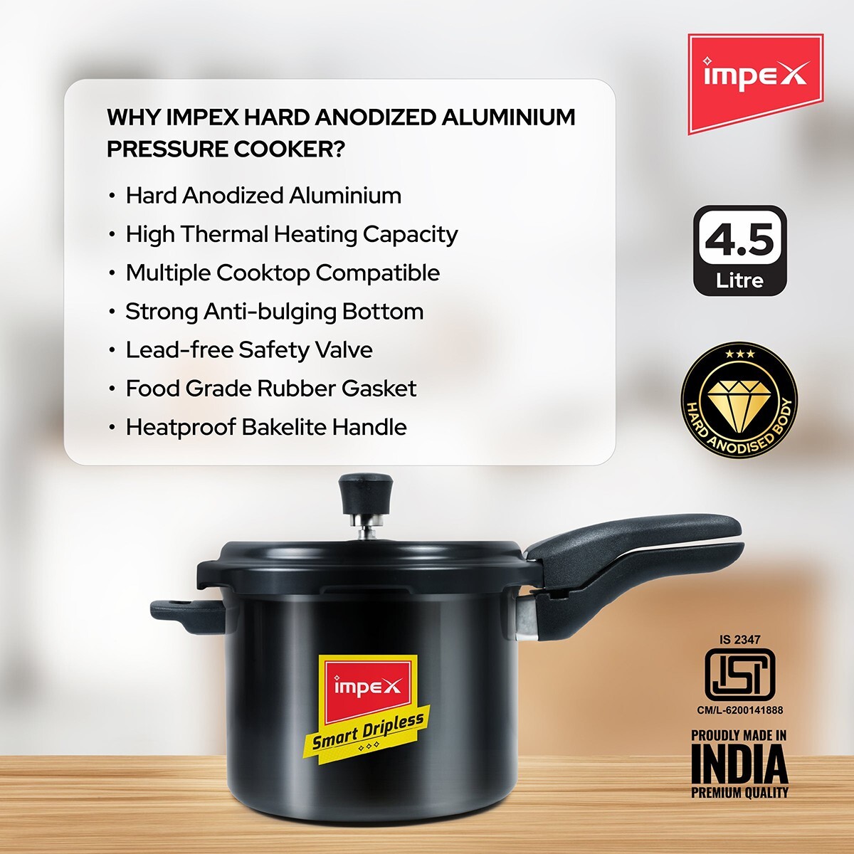 Impex Hard Anodised Dripless Pressure Cooker 4.5L HA5 SMART