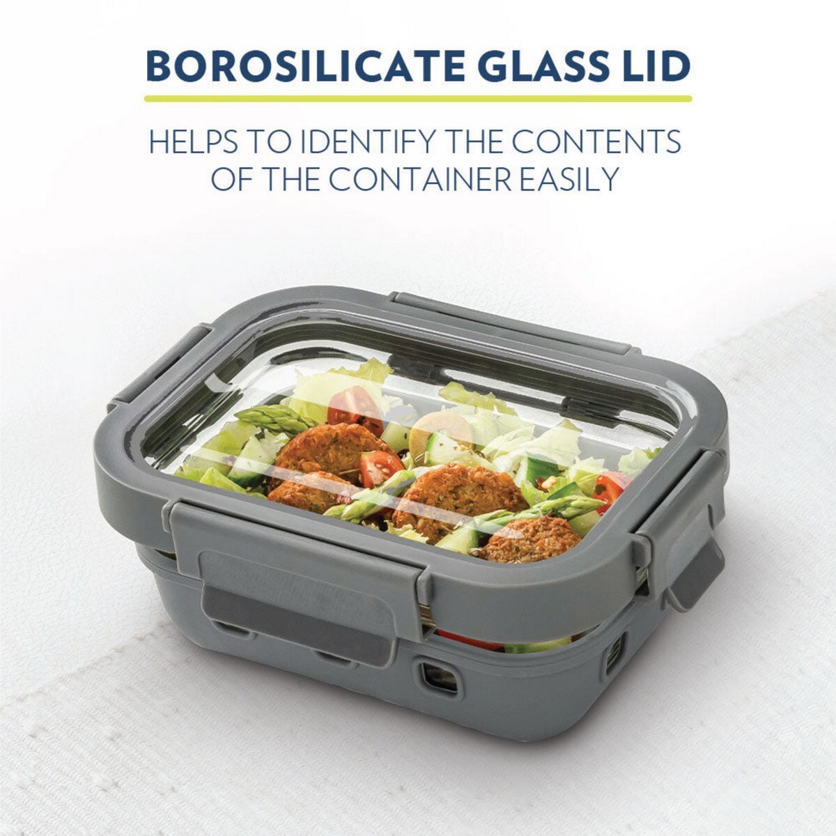 Borosil Klip n Store Plus Round Glass Container With Lid Rectangle 370ml