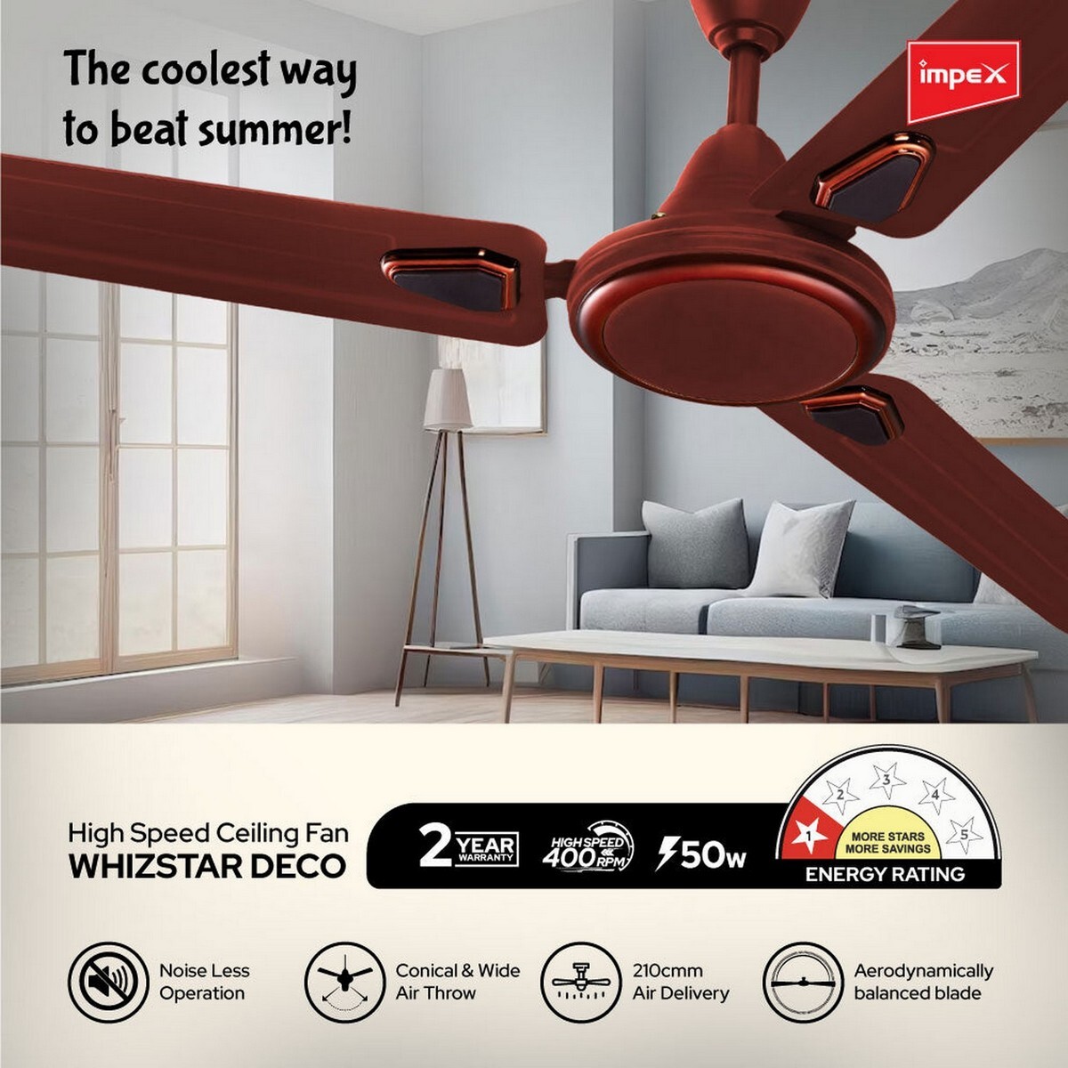 Impex Ceiling Fan Whiztar Deco Cherry Brown