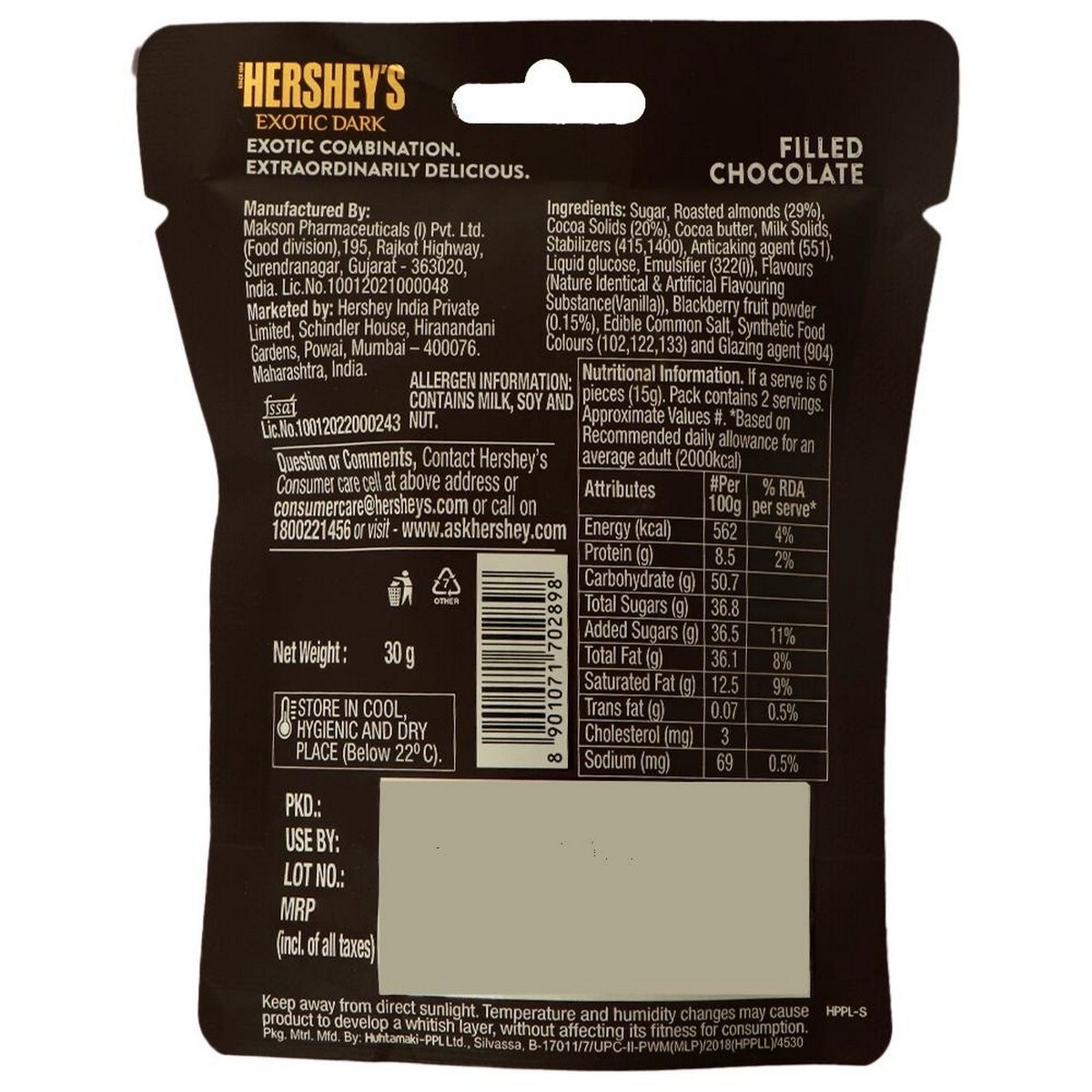 Hershey's Exotic Dark Californian Almonds Blackberry Flavor 30g