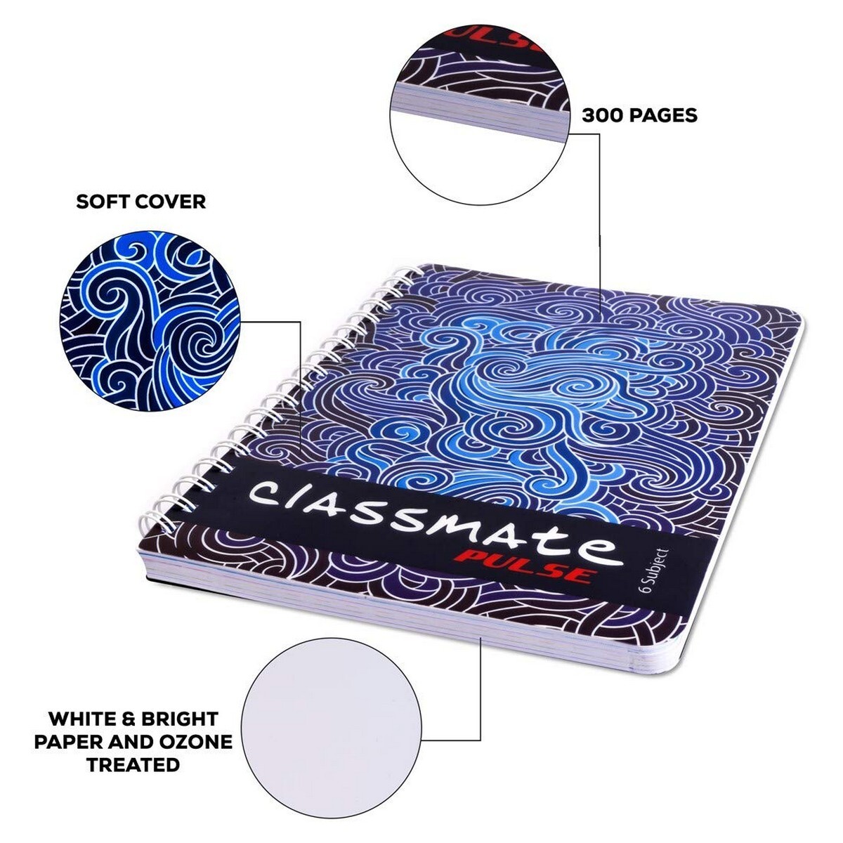Classmate 6 Subject Notebook Plain 302pg-2100114 Assorted Colour & Design
