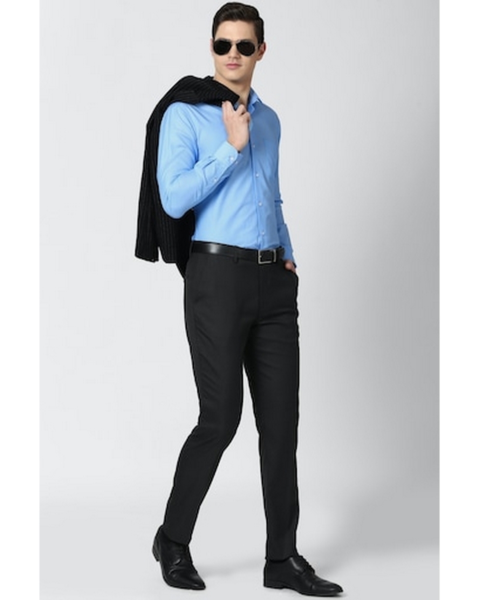 Peter England Mens Textured Blue Regular Fit Casual Shirt