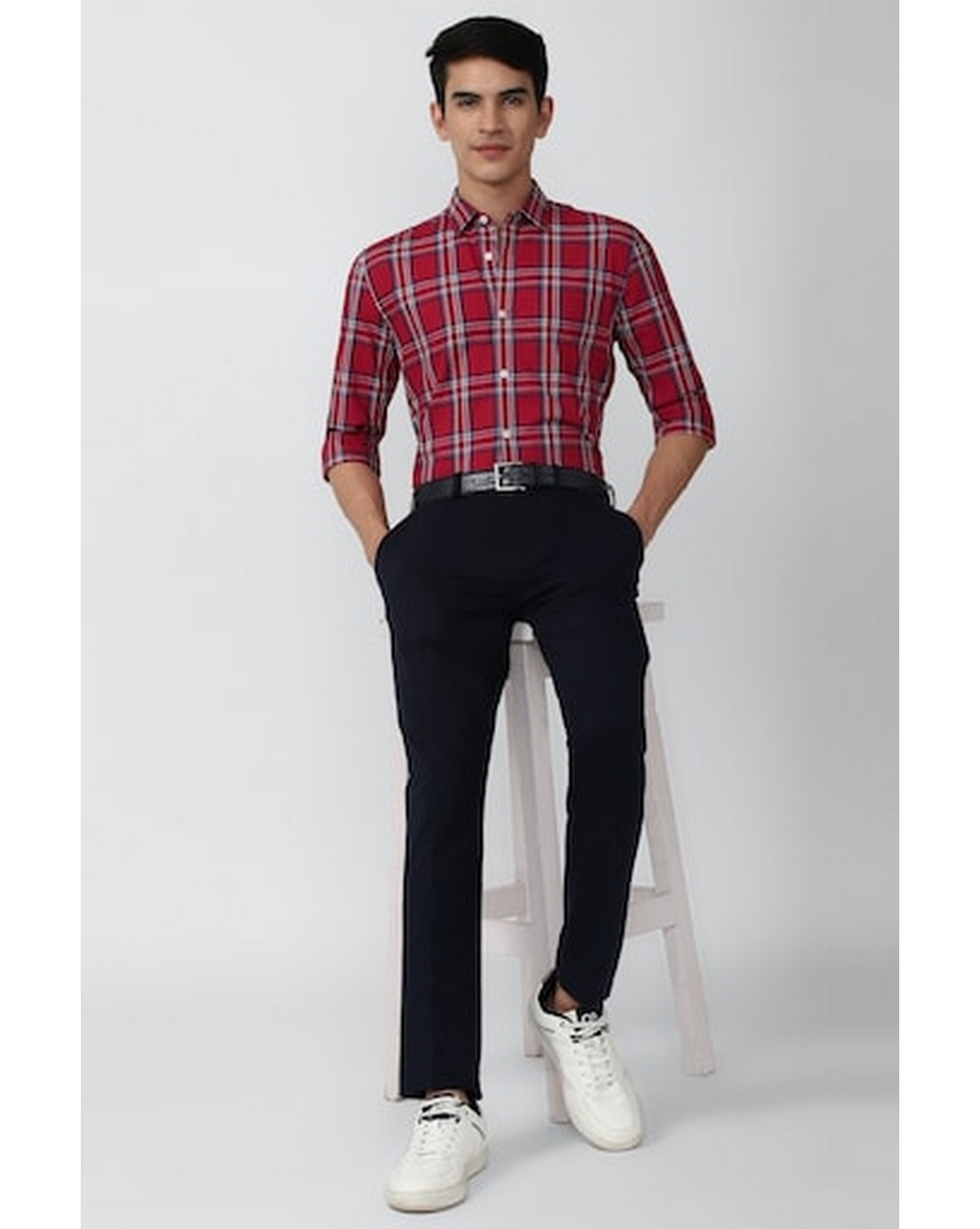 Peter England Mens Check Red Slim Fit Casual Shirt