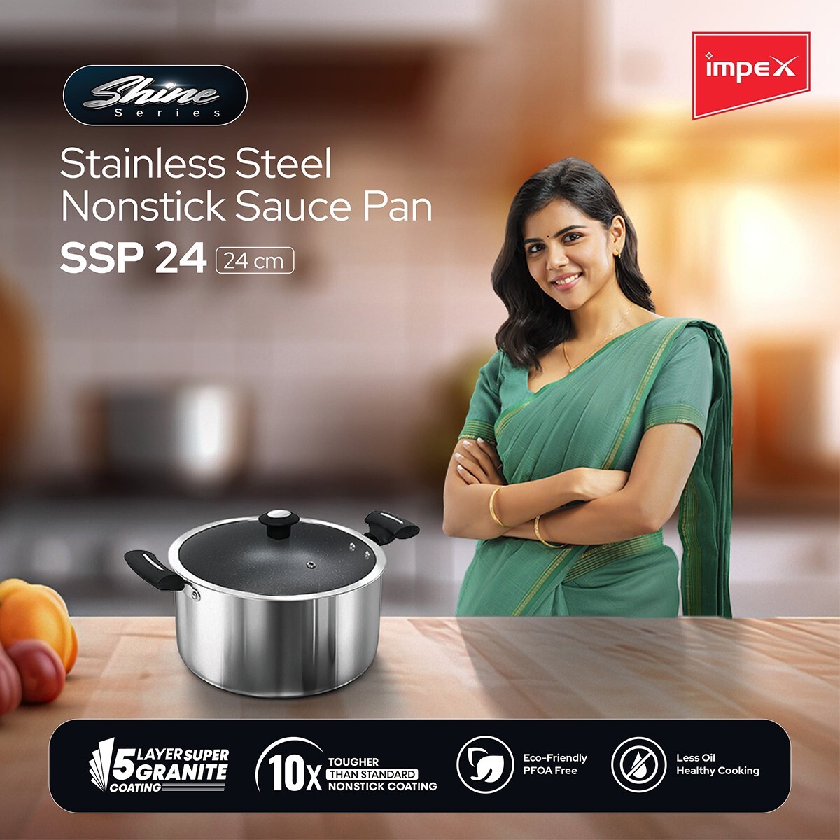 Impex Stainless Steel Non-Stick Sauce Pan 24cm SSP24