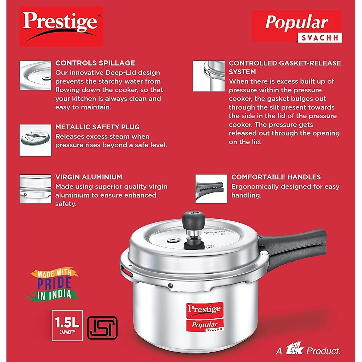 Prestige Popular Plus Aluminium Svachh Outer Lid Pressure Cooker 1.5L