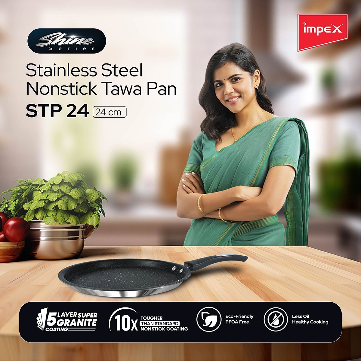 Impex Stainless Steel Non-Stick Tawa Pan 24cm STP24