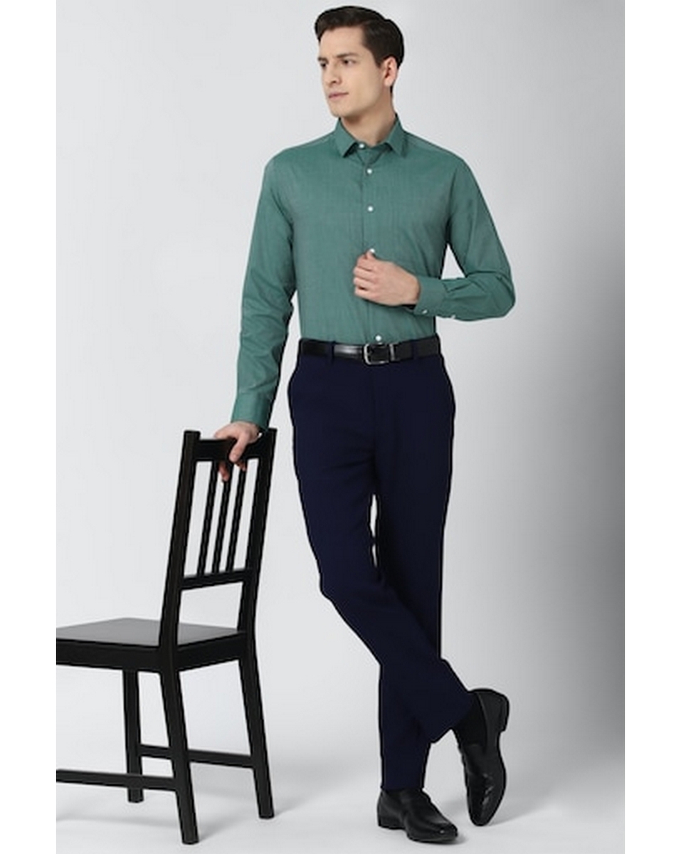 Peter England Mens Textured Green Regular Fit Casual Shirt