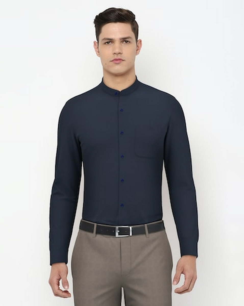 Peter England Mens Textured Navy Regular Fit Casual Shirt