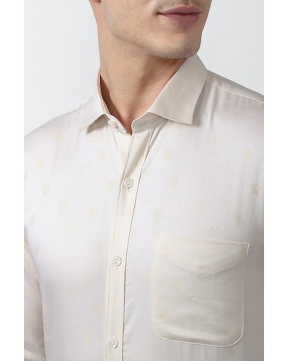 Peter England Mens Print Cream Slim Fit Casual Shirt