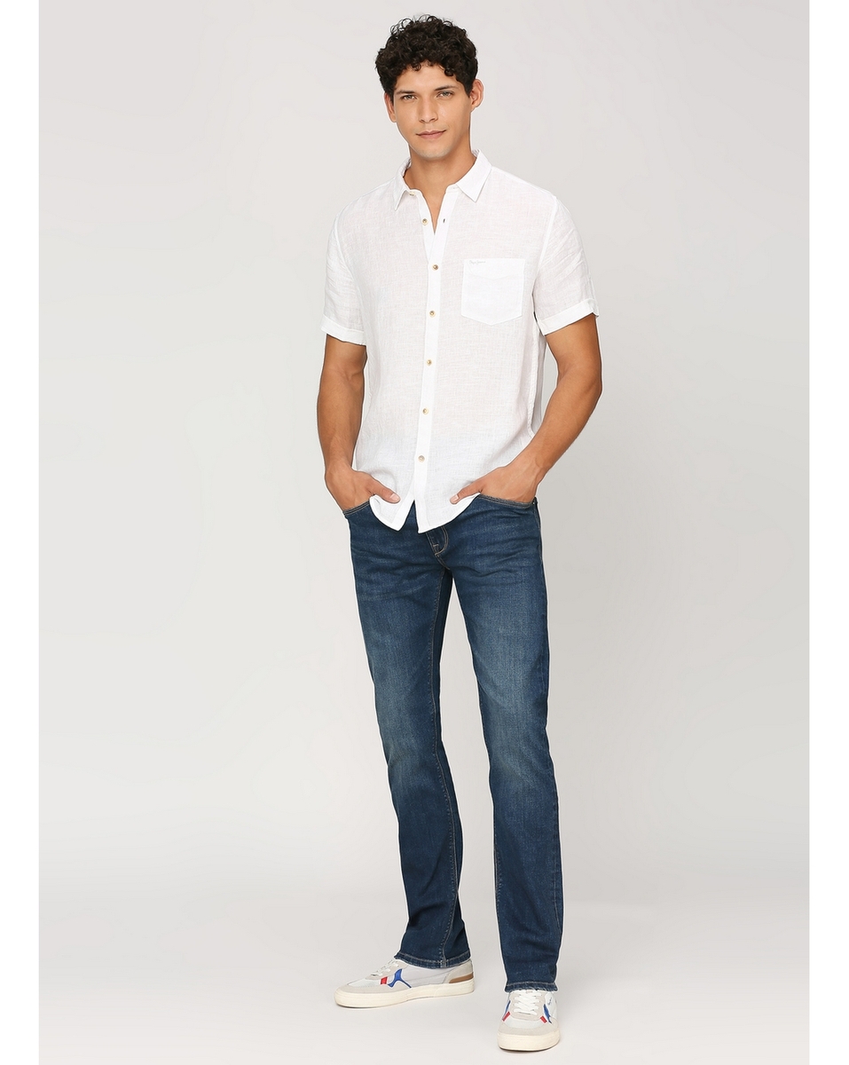 Pepe Mens Solid White Slim Fit Casual Shirt