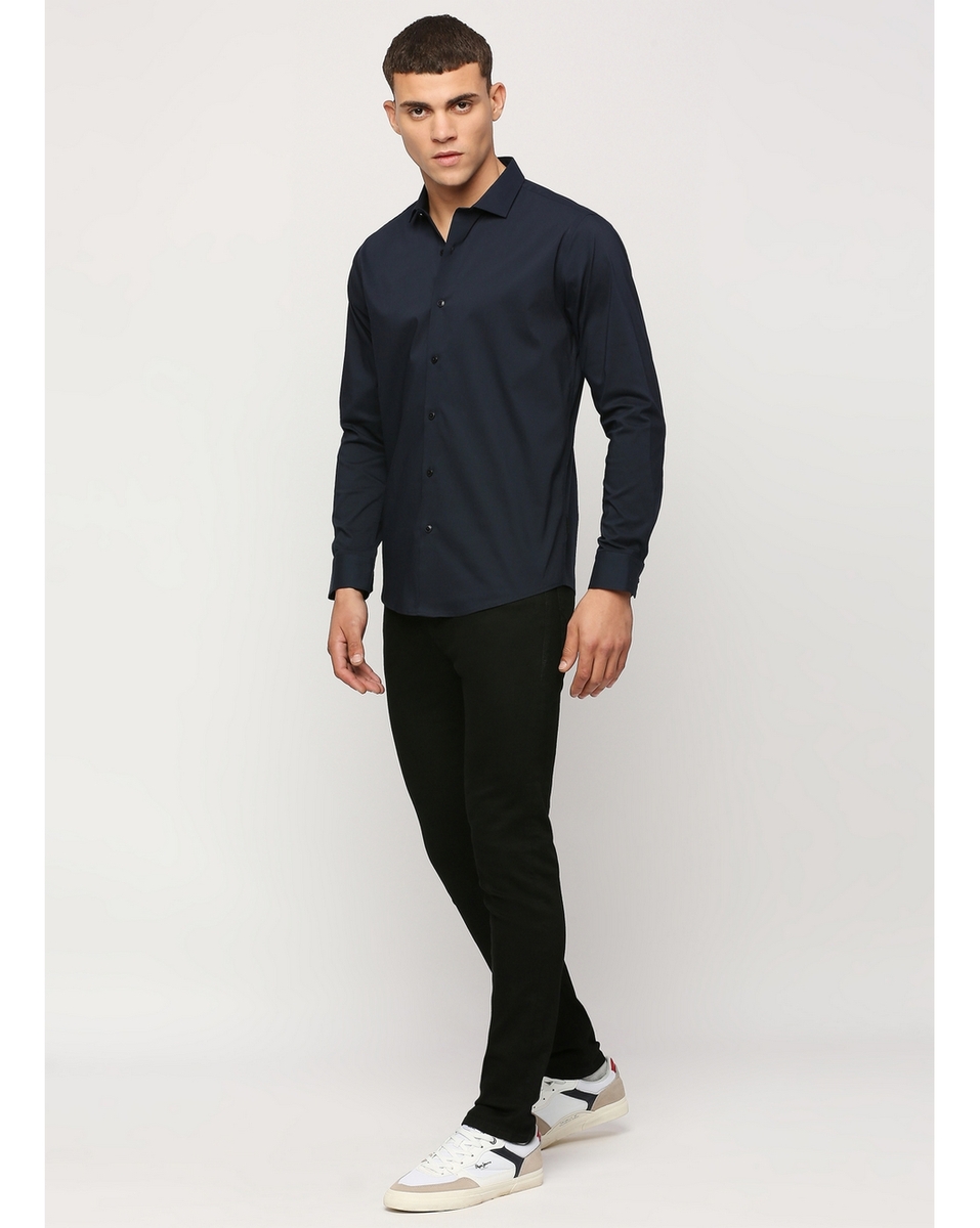 Pepe Mens Solid Navy Comfort Fit Casual Shirt