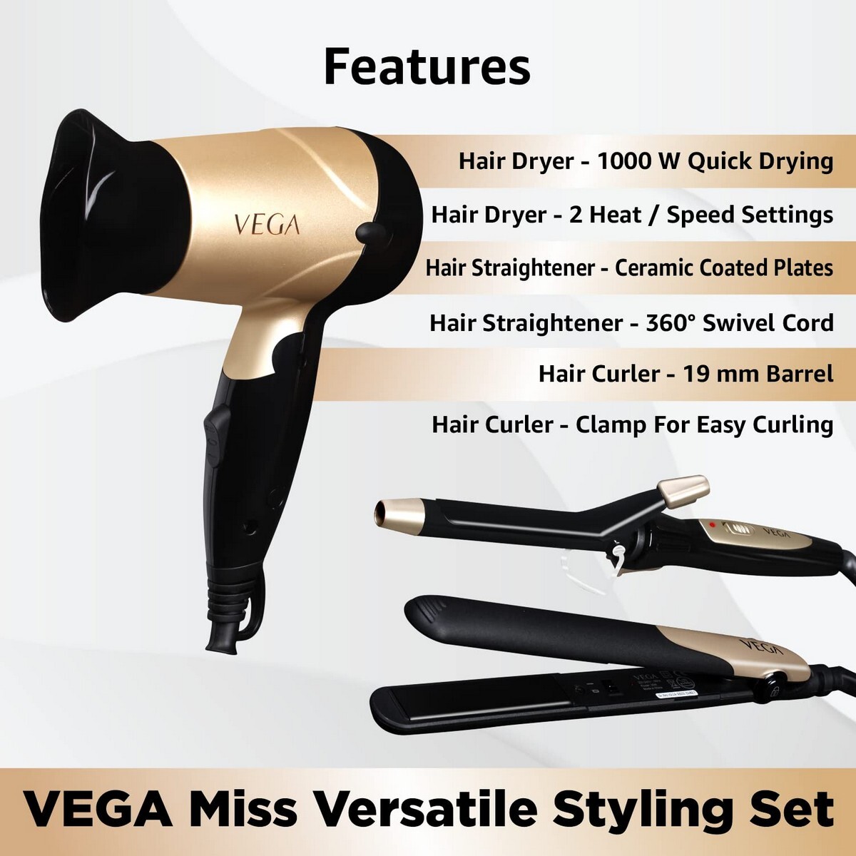 VEGA Miss Versatile Styling Set Straightener, Curler & Dryer Gift Combo VHSS-03