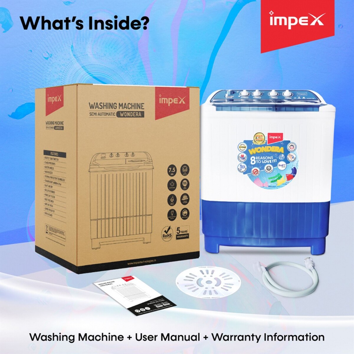 Impex Semi Automatic Washing Machine WONDERA WIZ 75SABL 7.5Kg