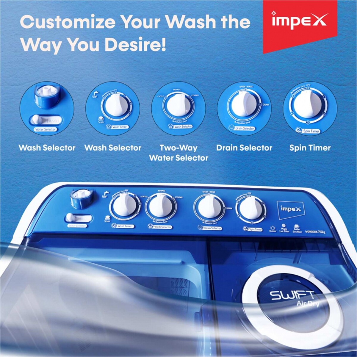 Impex Semi Automatic Washing Machine WONDERA WIZ 85SABL 8.5Kg