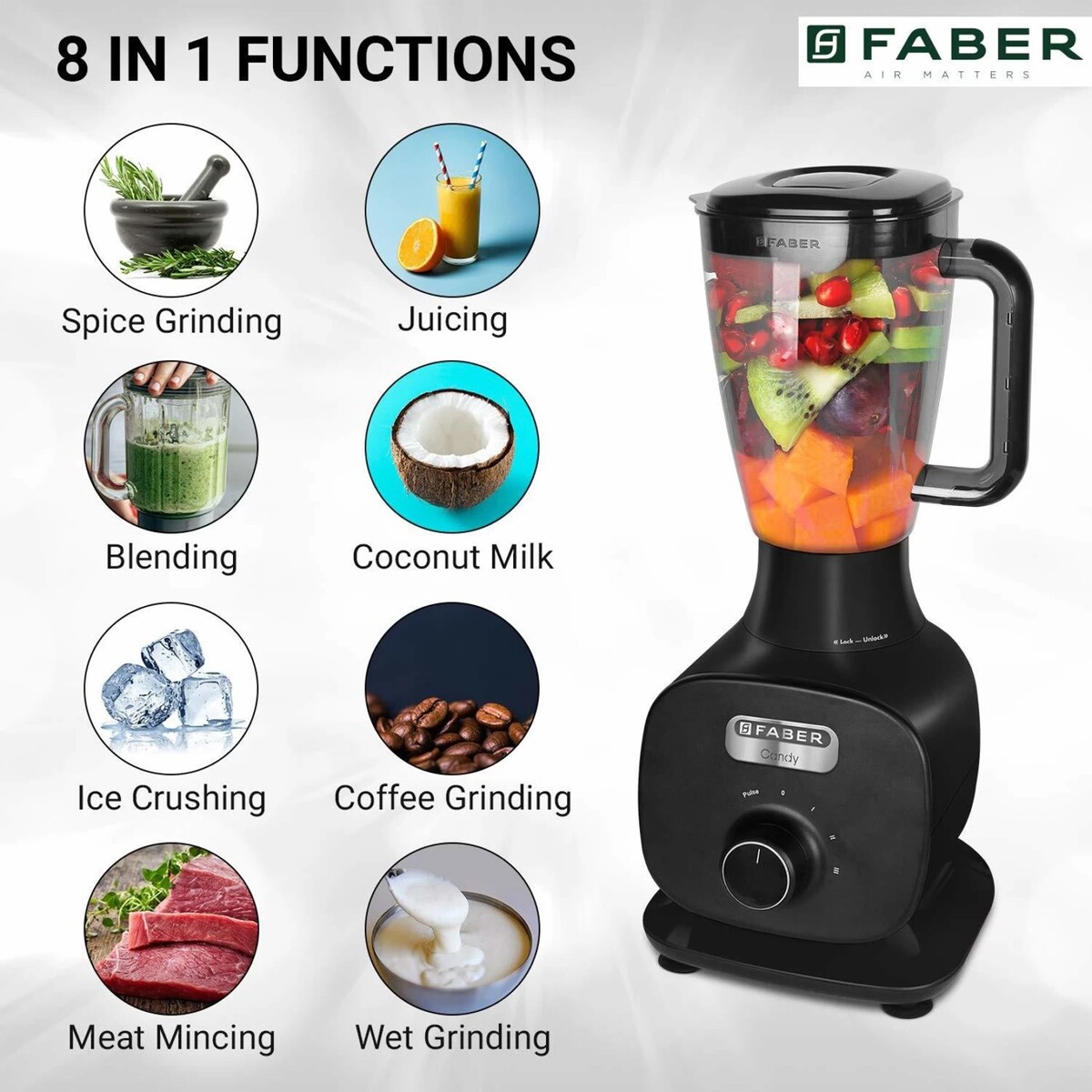 Faber 4 Jars Mixer Grinder Candy 800W Black