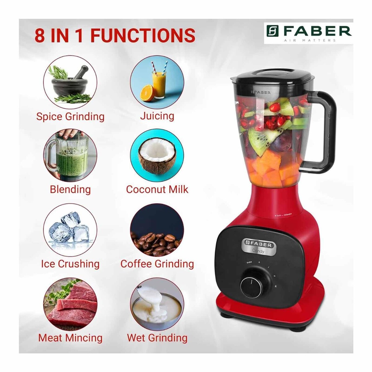 Faber 4 Jars Mixer Grinder Candy 800W Mystic Red