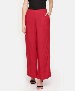 De Moza Ladies Loose Fit Red Solid Palazzo