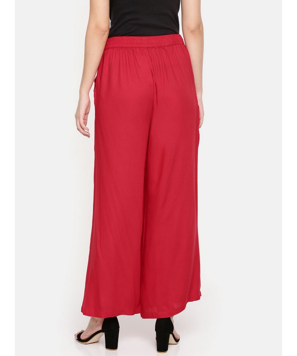 De Moza Ladies Loose Fit Red Solid Palazzo