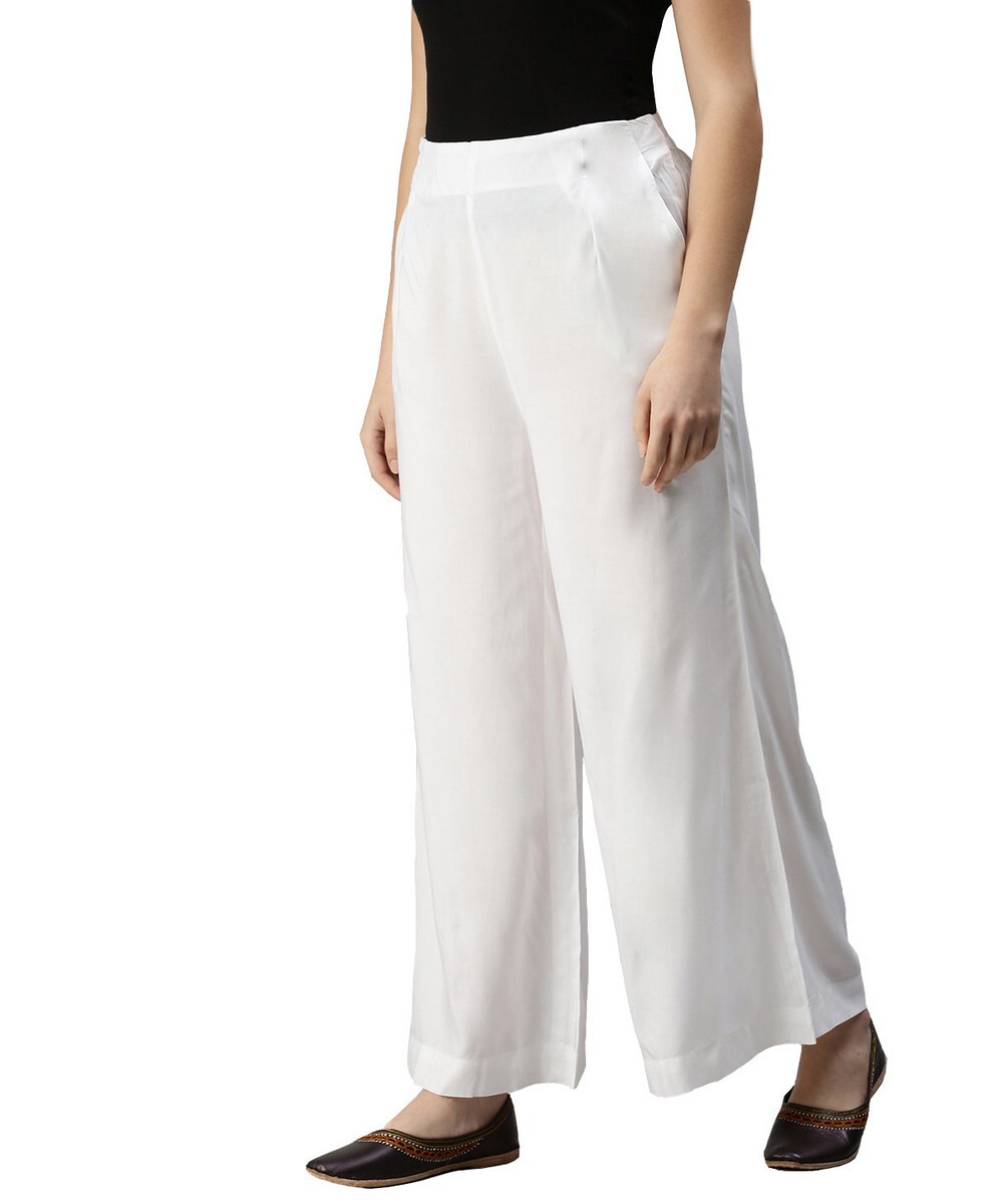 De Moza Ladies Loose Fit White Solid Palazzo