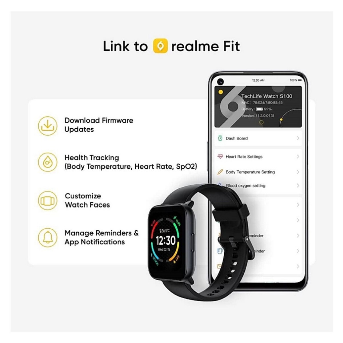 Realme TechLife Watch S100 1.69 HD Display with Temperature Sensor Smartwatch Black