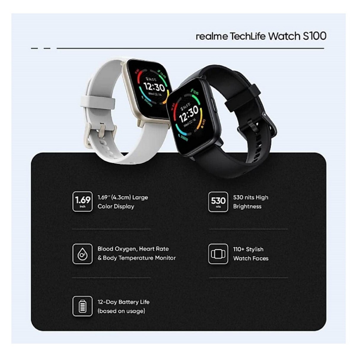 Realme TechLife Watch S100 1.69 HD Display with Temperature Sensor Smartwatch Black