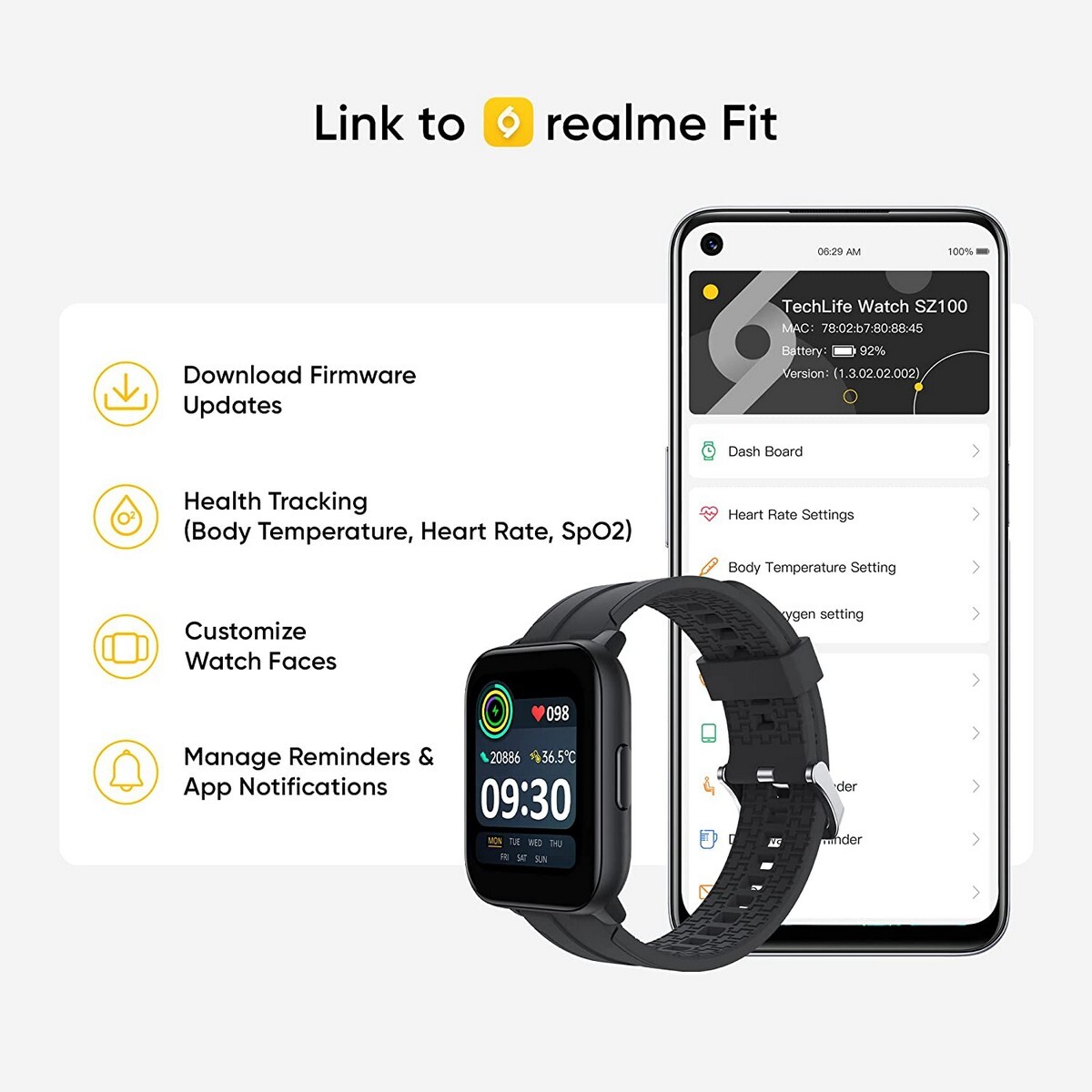 Realme TechLife SZ100 RMW2103 Smart Watch with Activity Tracker 43mm HD Display, IP68 Water Resistant, Magic Grey