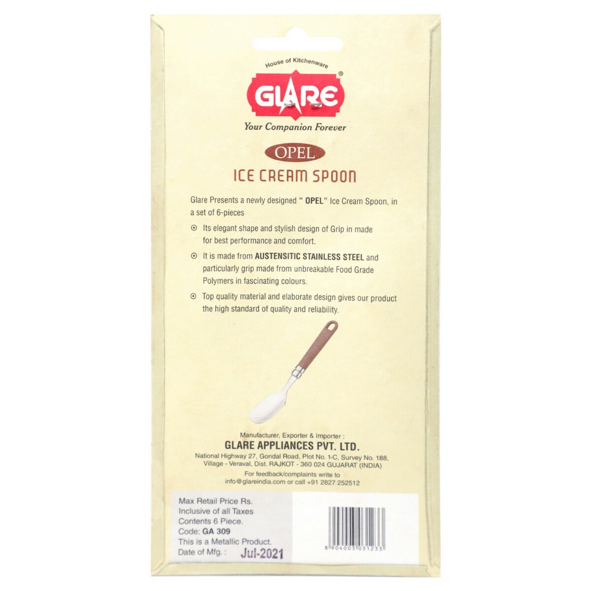 Glare Ice Cream Spoon 6Pc Opal GA309 Assorted Colours