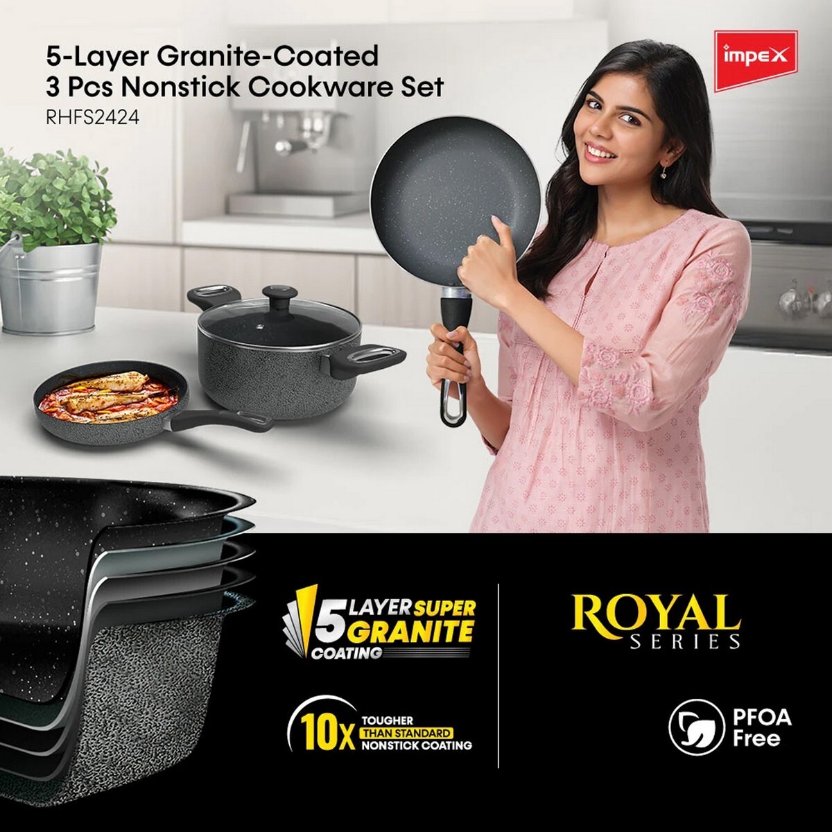 Impex Royal Non Stick Granite Cookware 3pc RHFS2424