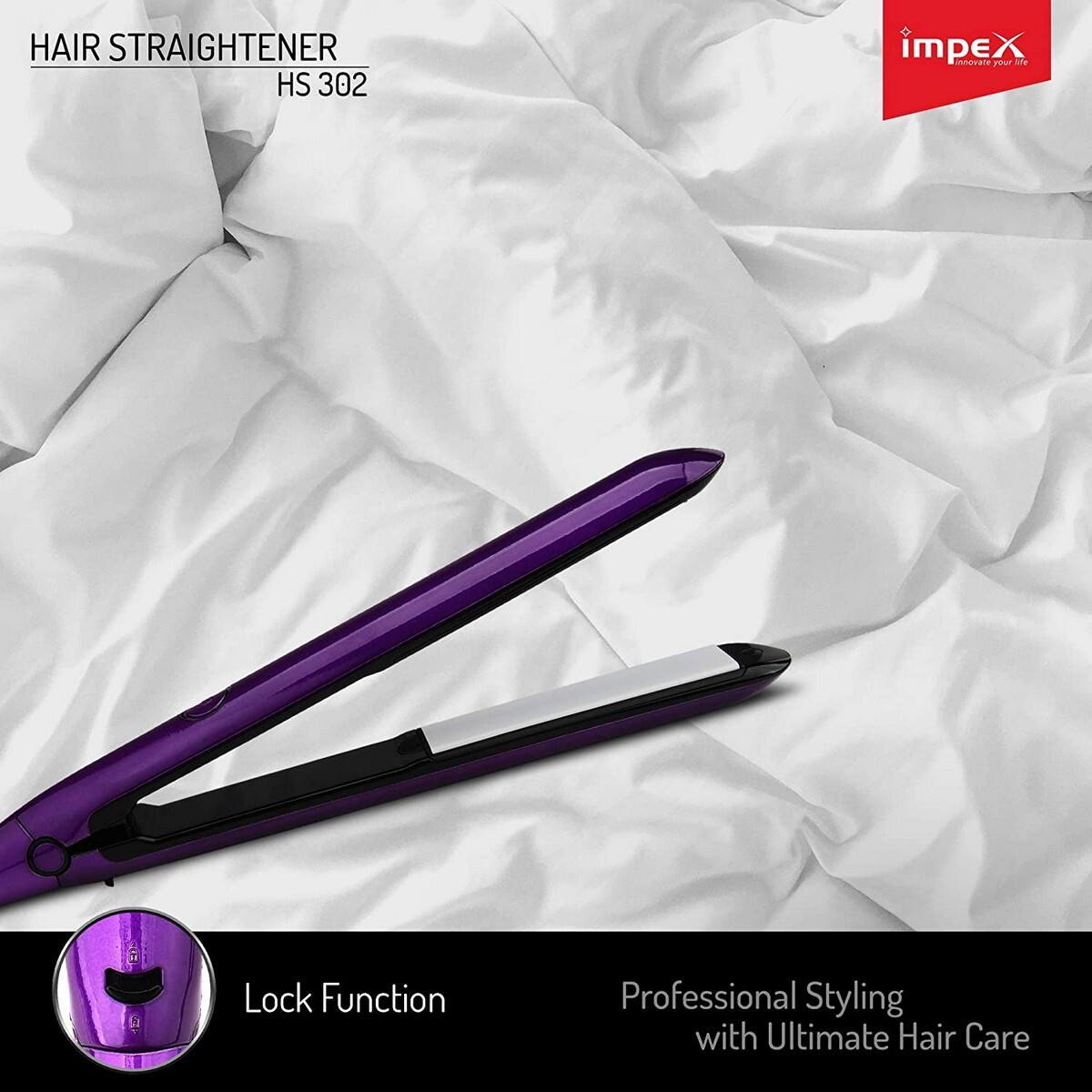 Impex HS-302 Professional Hair Straightener With Ceramic Coating Plate & Lock Function Violet & Black