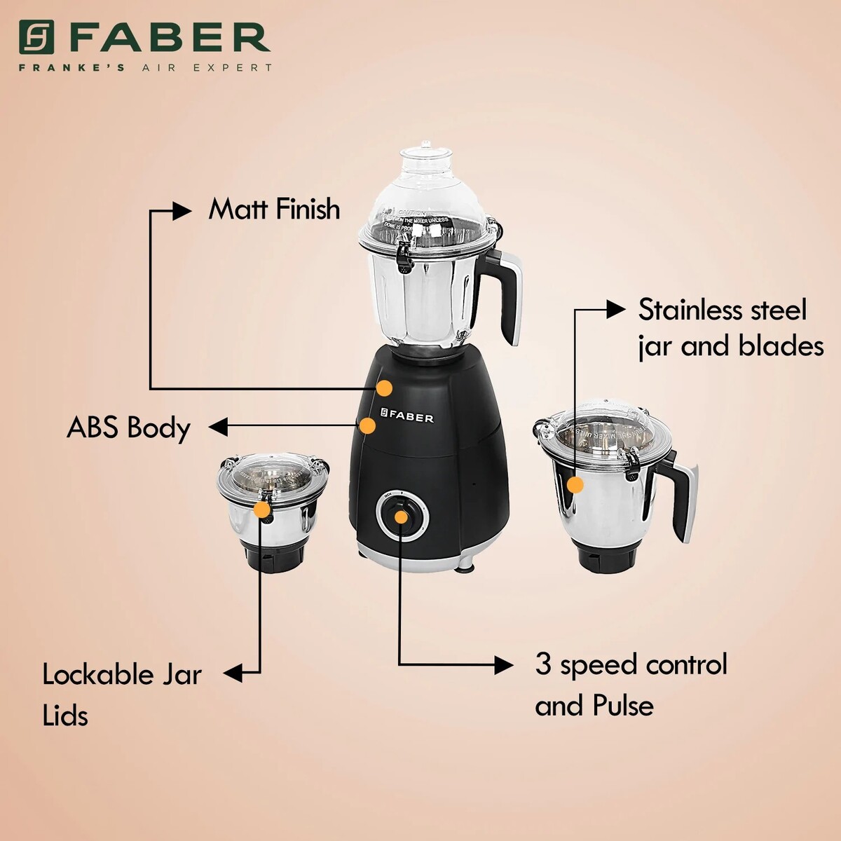 Faber Crown Nero 3 Jars Mixer Grinder Black 800W