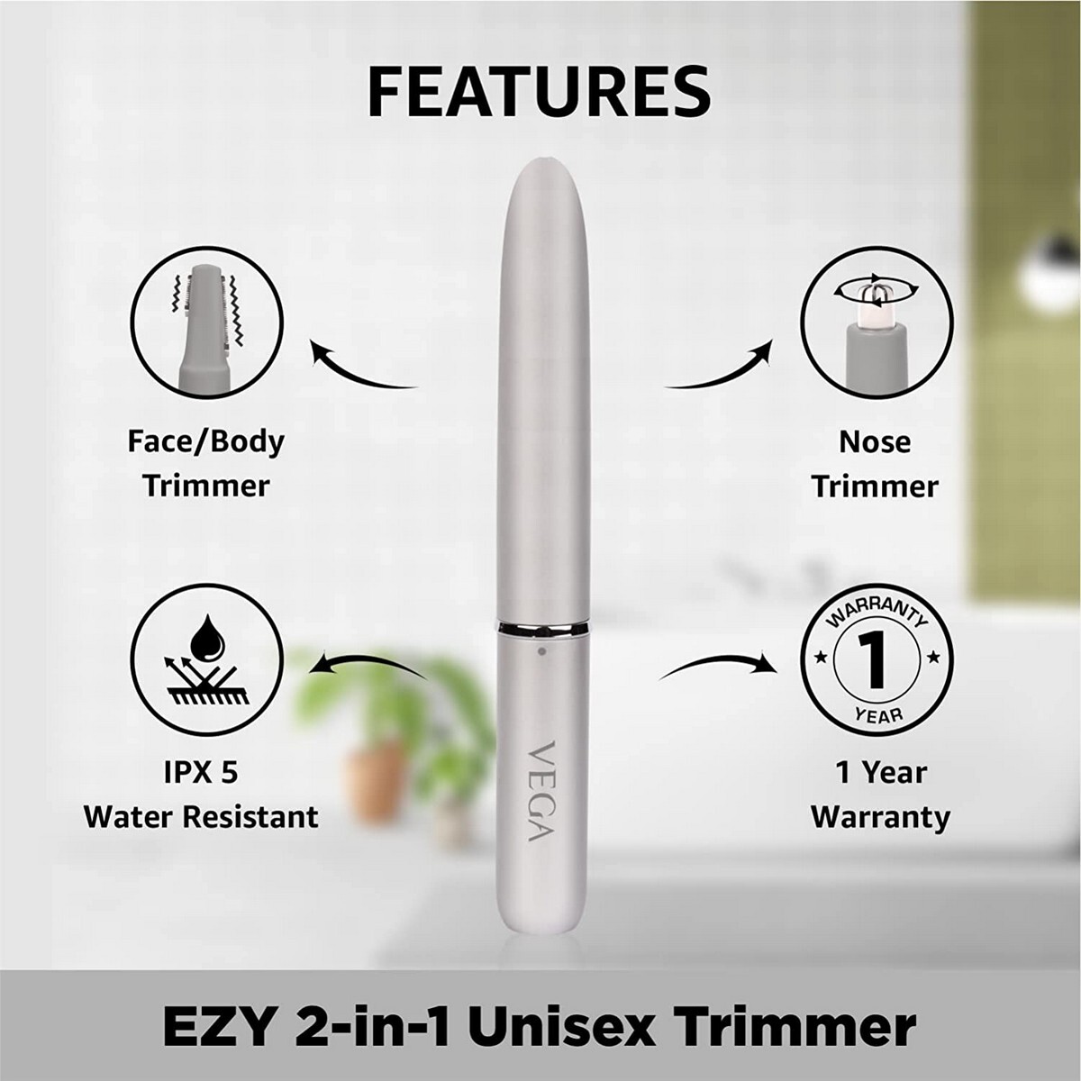 VEGA EZY 2-In-1 Unisex Face/Body & Nose Trimmer, IPX 5 Water Resistant, VHBT-02