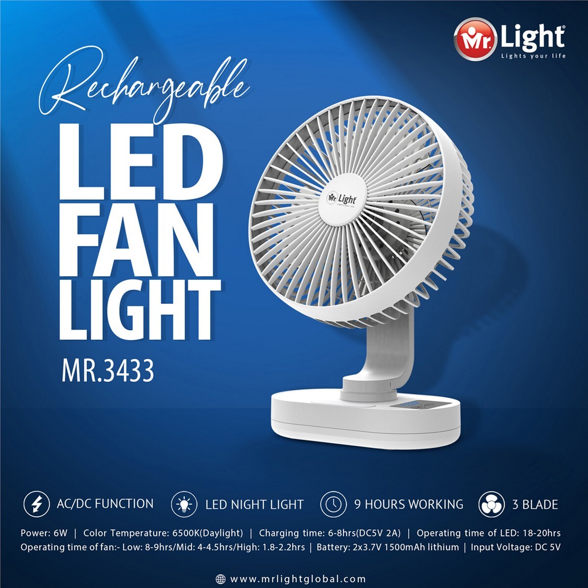 Mr Light  Rechargeable Fan 3433