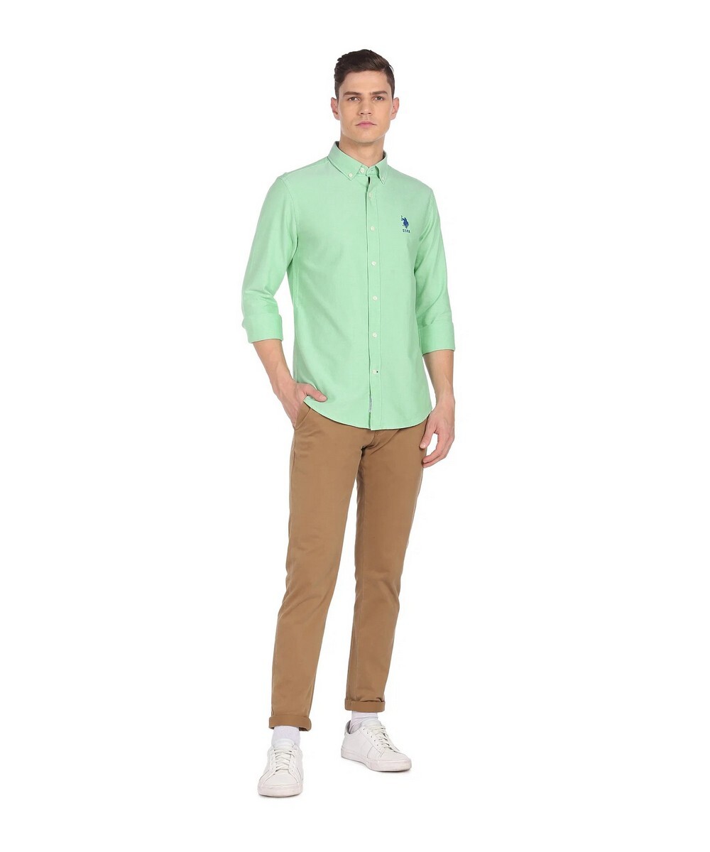 U.S.POLO Mens Regular Fit  Green Solid Casual Shirt