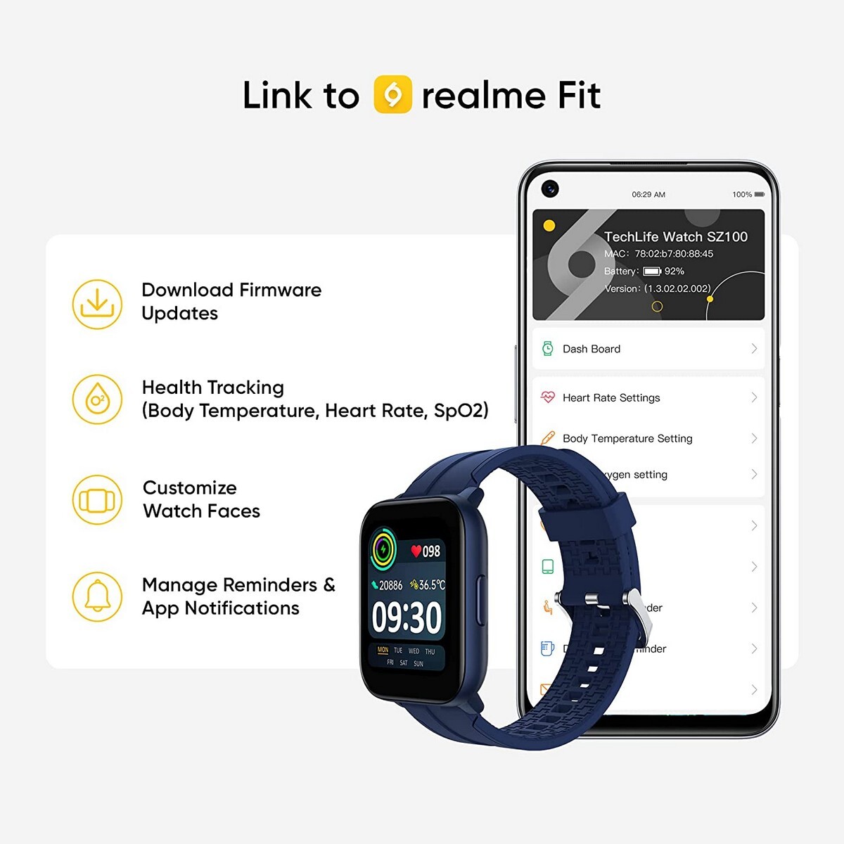 Realme TechLife SZ100 RMW2103 Smart Watch with Activity Tracker 43mm HD Display, IP68 Water Resistant, Blue