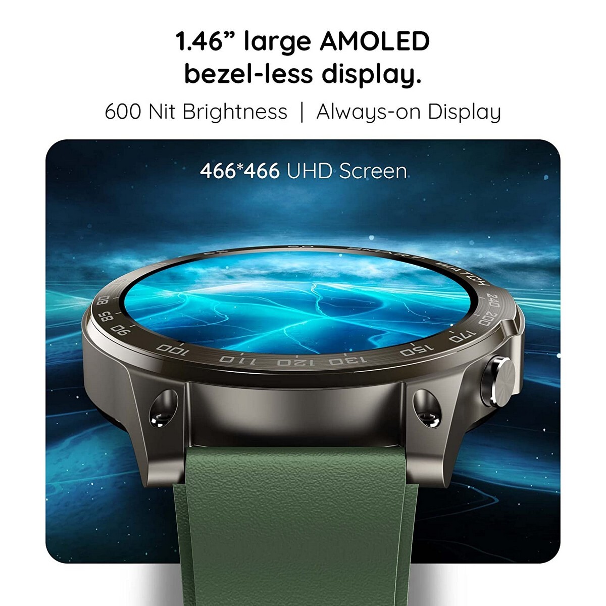 Pebble Cosmos Endure 1.46" AMOLED Always-On Display Bluetooth Calling IP68 Waterproof Smartwatch 466*466 Military Green