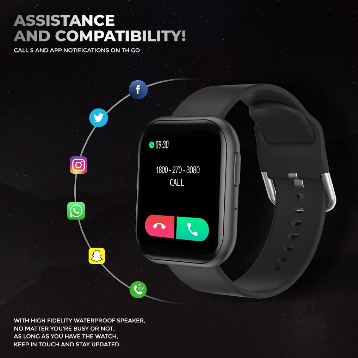 Corseca Just SNUGAR Calling smartwatch with SpO2, 1.69 Inch Full Touch Screen, Heart Rate Tracking, IP67 Waterproof and & Multiple Sports Modes Fusion Black