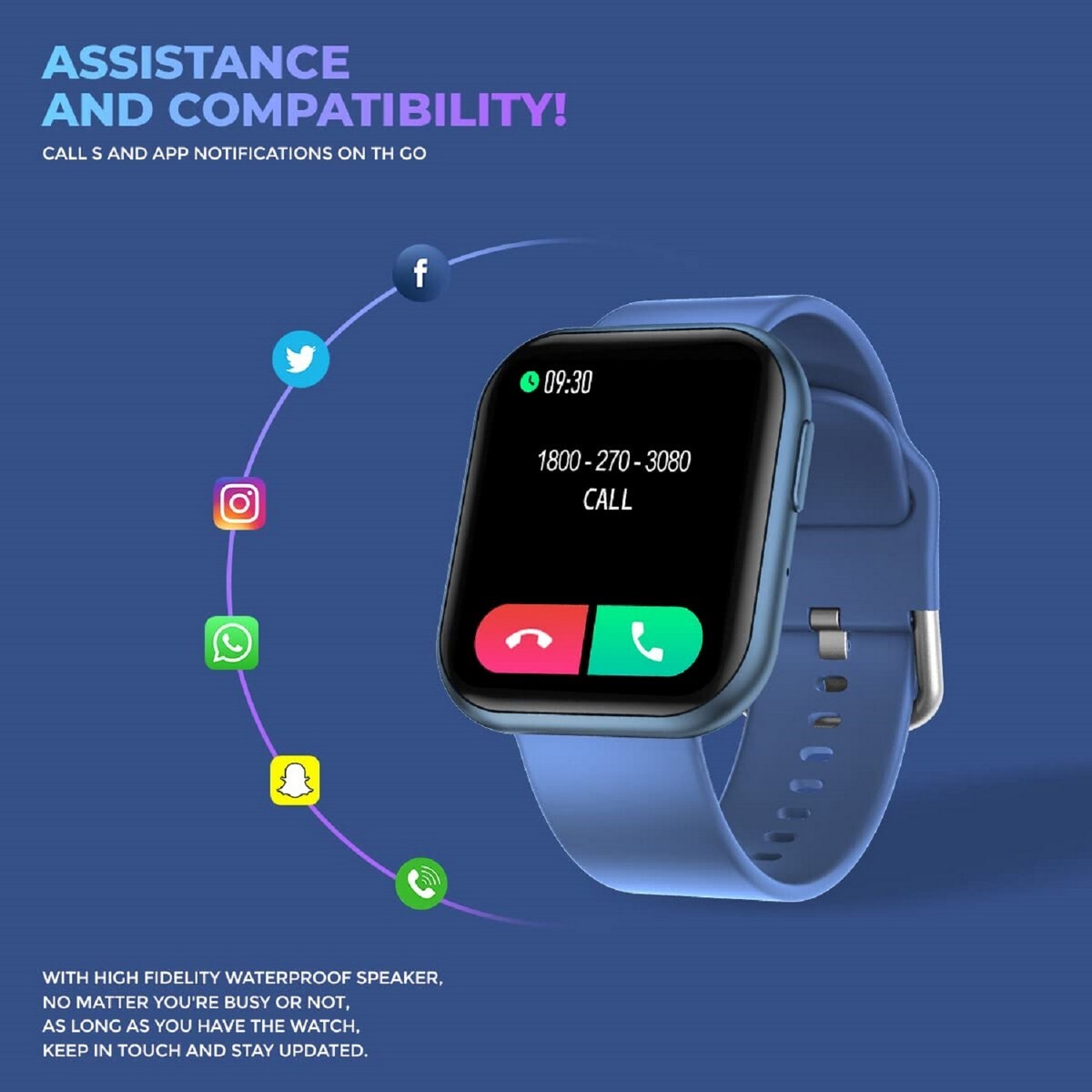 Corseca Just SNUGAR Calling smartwatch with SpO2, 1.69 Inch Full Touch Screen, Heart Rate Tracking, IP67 Waterproof and & Multiple Sports Modes Blue