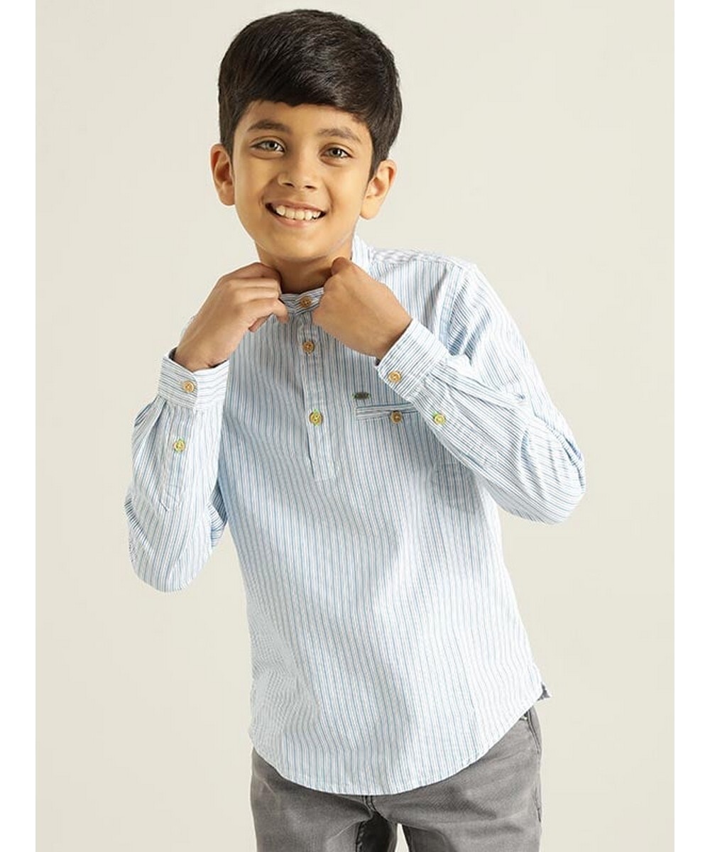 Indian Terrain Boys Regular Fit  Mandarin Aqua striped shirt