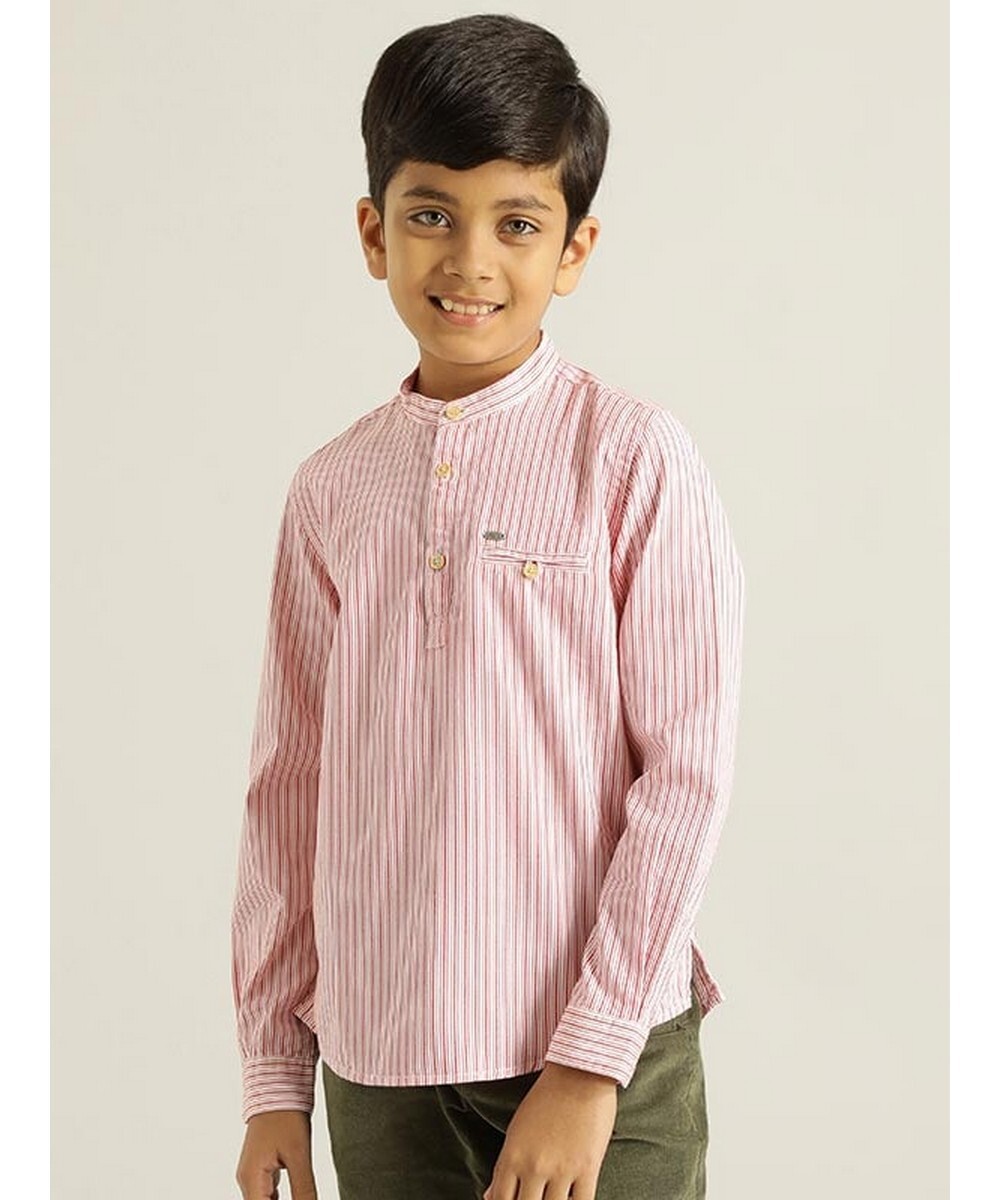 Indian Terrain Boys Regular Fit  Mandarin Coral striped shirt