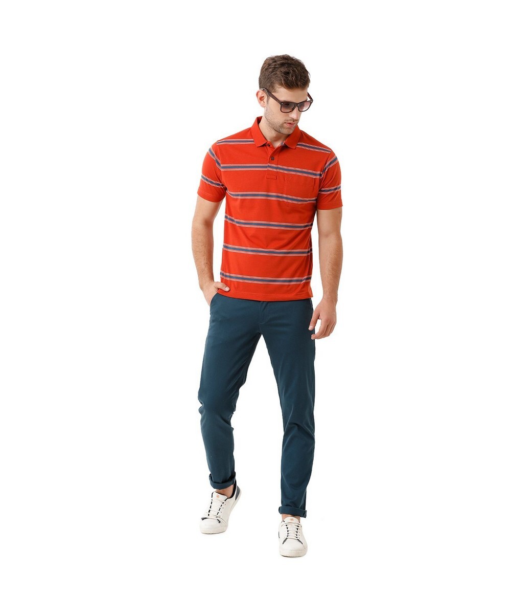 Classic Polo Mens Authentic Fit Red Half Sleeves Stripes Round Neck T Shirt
