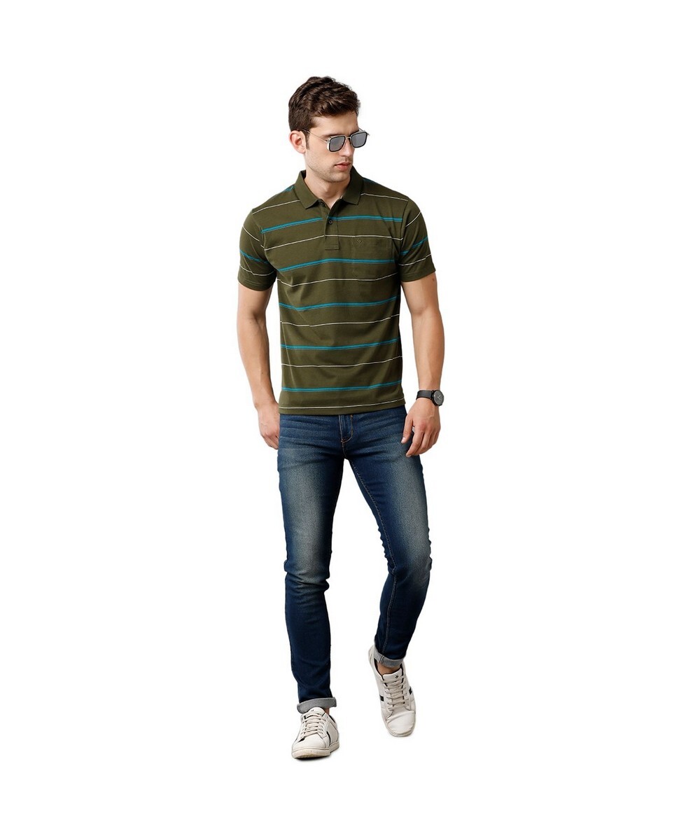 Classic Polo Mens Regular Fit Olive Half Sleeve Striped Round Neck T Shirt