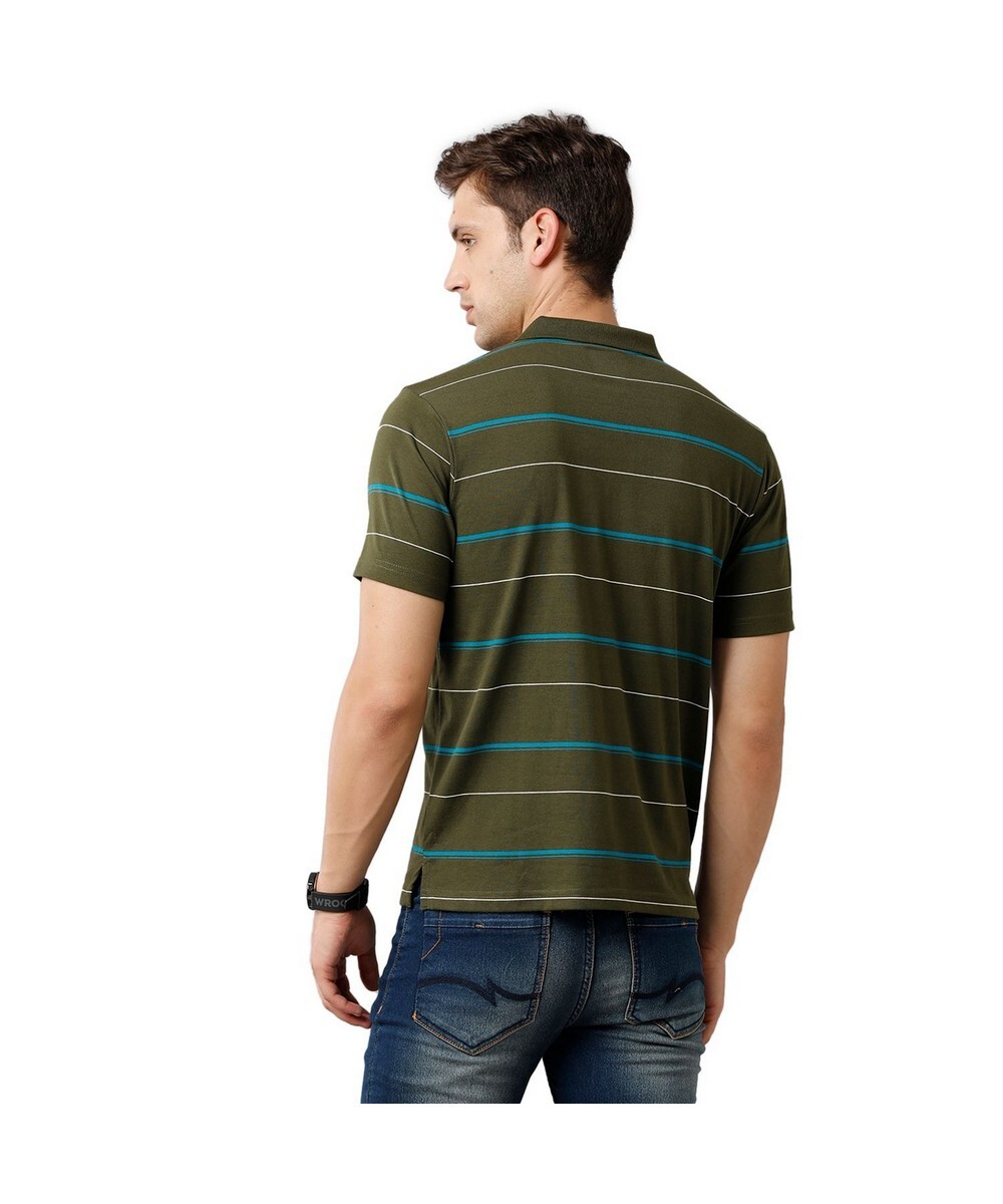 Classic Polo Mens Regular Fit Olive Half Sleeve Striped Round Neck T Shirt