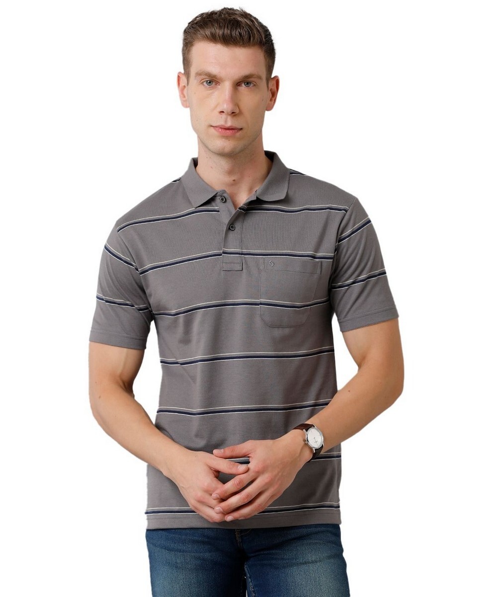 Classic Polo Mens Regular Fit Grey Half Sleeve Striped Round Neck T Shirt