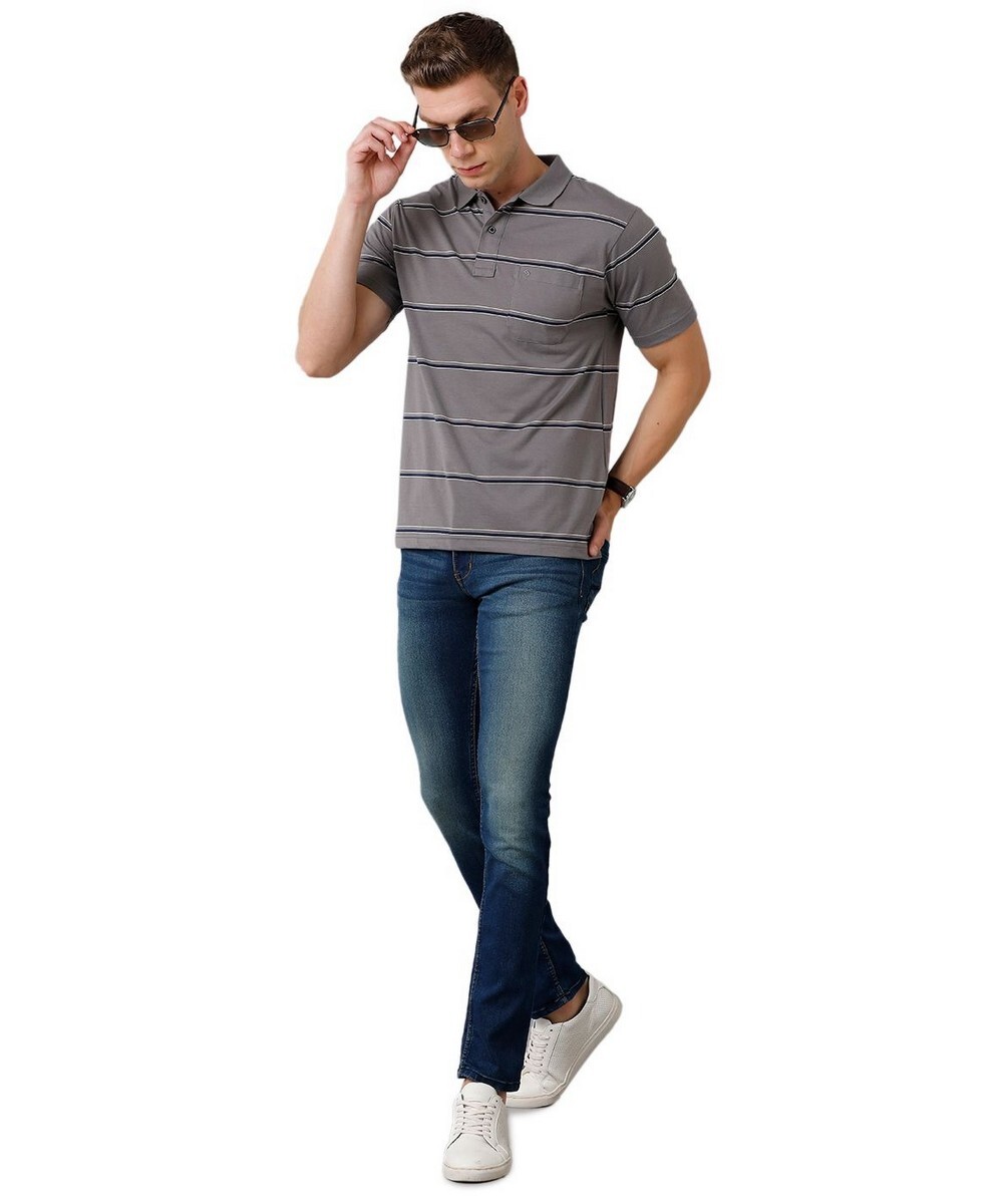 Classic Polo Mens Regular Fit Grey Half Sleeve Striped Round Neck T Shirt