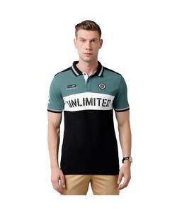 Classic Polo Mens Slim Fit Green Half Sleeve Color Block Round Neck T Shirt