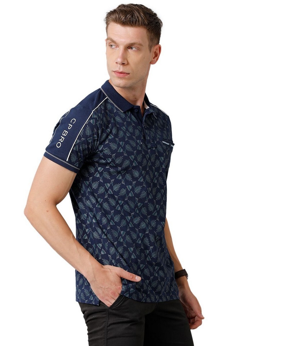 Classic Polo Mens Slim Fit Navy Half Sleeve Printed Round Neck T Shirt