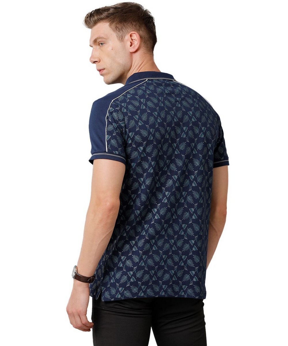 Classic Polo Mens Slim Fit Navy Half Sleeve Printed Round Neck T Shirt
