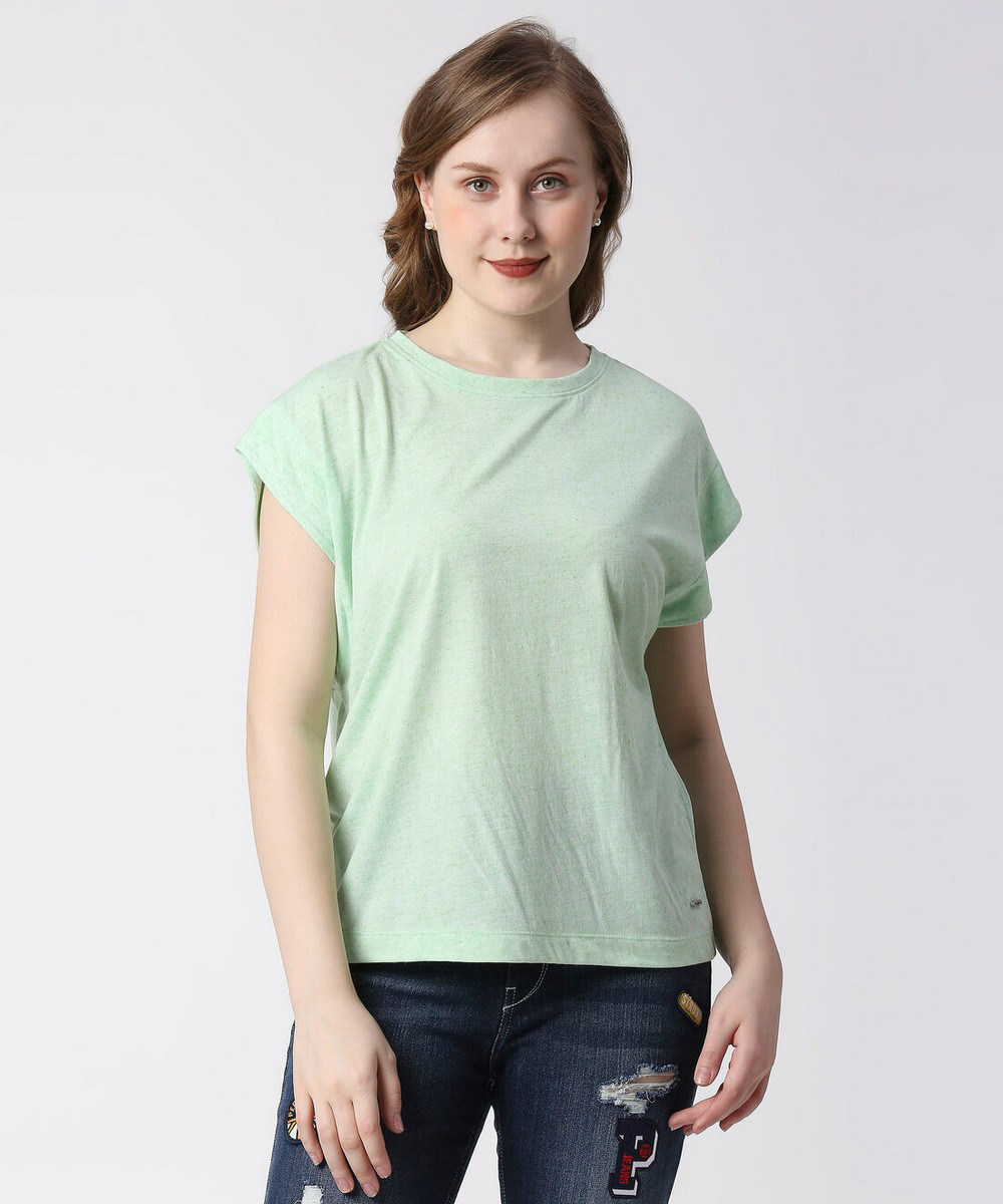 Pepe Ladies Solid Green Regular Fit T-Shirt