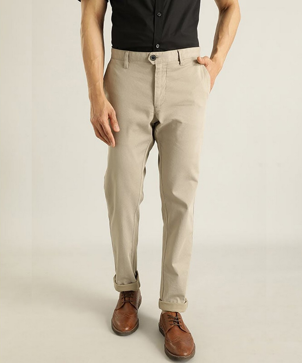 Buy Indian Terrain Mens Brooklyn Fit Khaki Printed Trouser Online ...